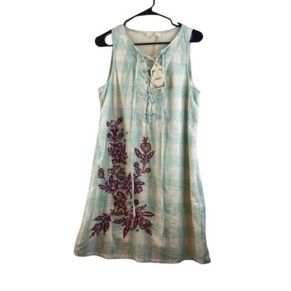 entro | Dresses | New Entro Dress Medium Lace Up Bodice Green Plaid  Embroidered Floral | Poshmark